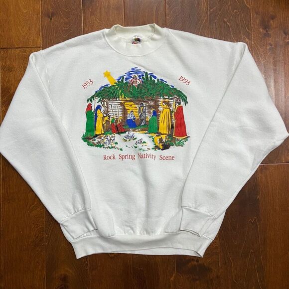 Fruit Of The Loom Vintage 1993 Nativity Scene Crewneck Sweatshirt White Mens XL - Picture 3 of 7